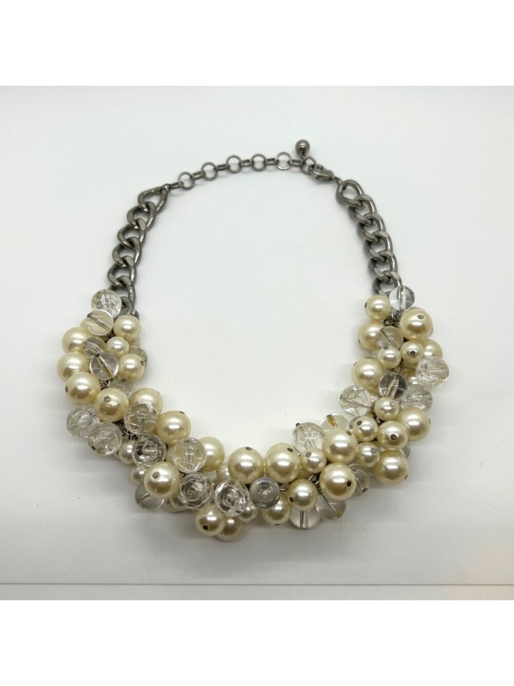Faux Pearl & Clear Crystal Necklace Chunky Statement Bib Silver-Tone Adjustable